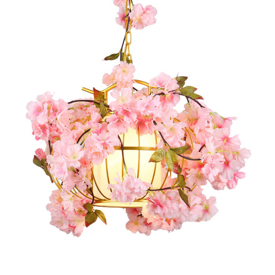 Metal Hanging Lantern Cage Light Fixture - Factory Red/Pink/Green, Down Lighting with Fabric Shade and Faux Plant/Flower