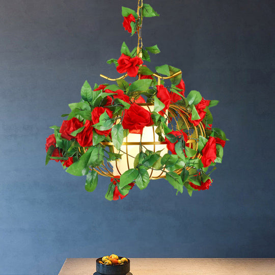 Metal Hanging Lantern Cage Light Fixture - Factory Red/Pink/Green, Down Lighting with Fabric Shade and Faux Plant/Flower