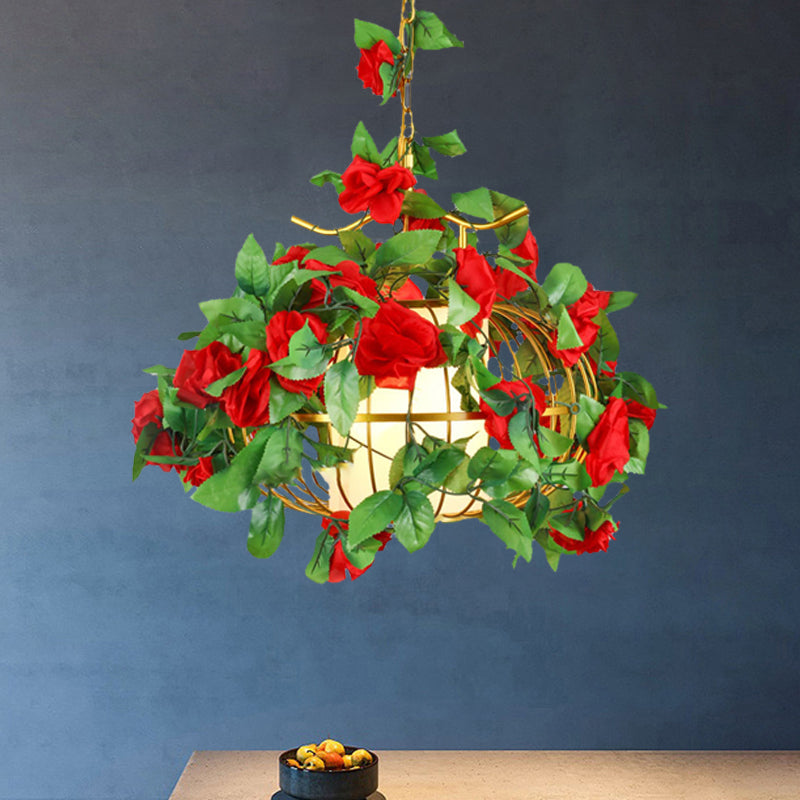 Metal Hanging Lantern Cage Light Fixture With Fabric Shade: Red/Pink/Green Green-Red