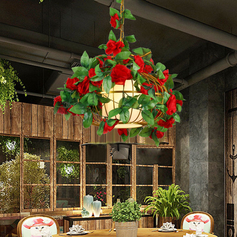 Metal Hanging Lantern Cage Light Fixture - Factory Red/Pink/Green, Down Lighting with Fabric Shade and Faux Plant/Flower