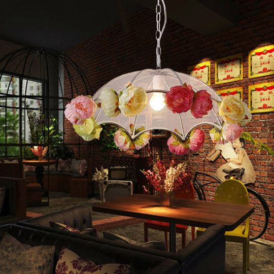 Antiqued Pvc Umbrella Pendant Light Kit With Artificial Flower Accent - White