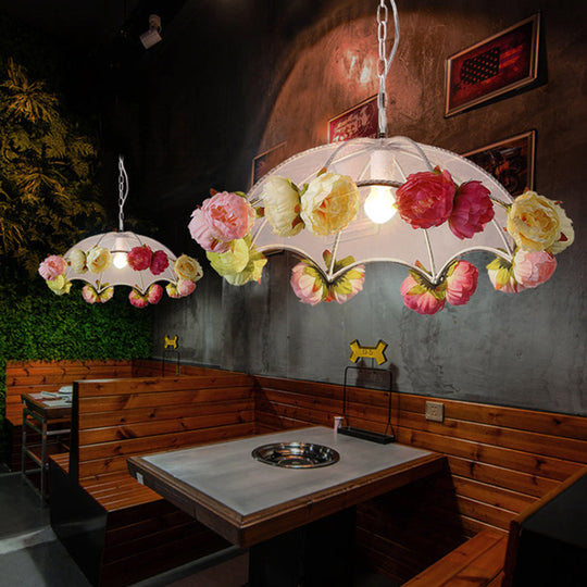 White PVC Umbrella Pendant Light with Hanging Artificial Flower Deco - 1 Light Antiqued