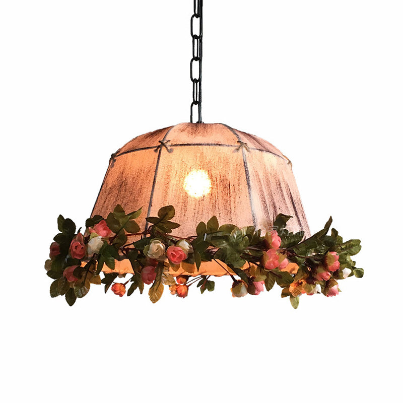 Farmhouse Pink Floral Ceiling Pendant With Tent Fabric Shade - Dining Room Head Hanging Lamp Kit