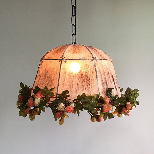 Farmhouse Pink Floral Ceiling Pendant With Tent Fabric Shade - Dining Room Head Hanging Lamp Kit