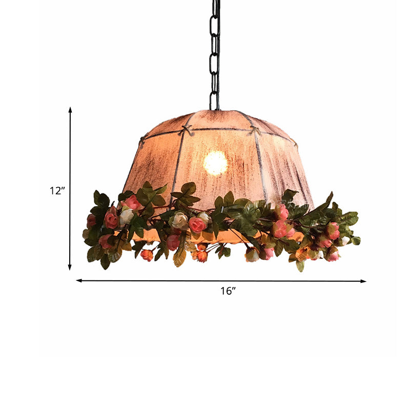 Farmhouse Dining Room Hanging Lamp with Pink Tent Fabric Shade and Fake Floral Design