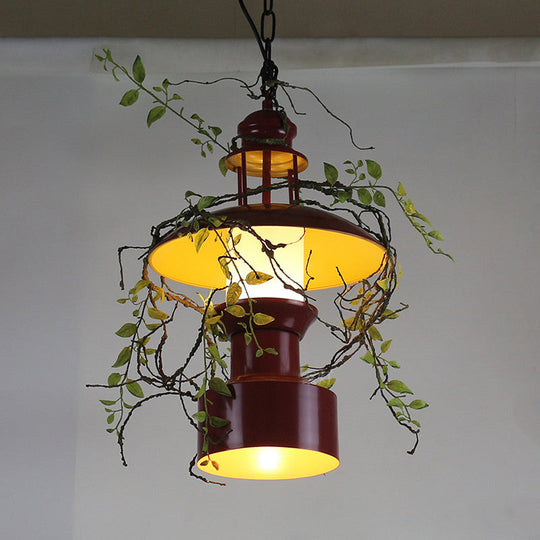 Burgundy Metal Farm Style Pendant Lamp With Hanging Drum Shade - Featuring 1 Light Faux Plant