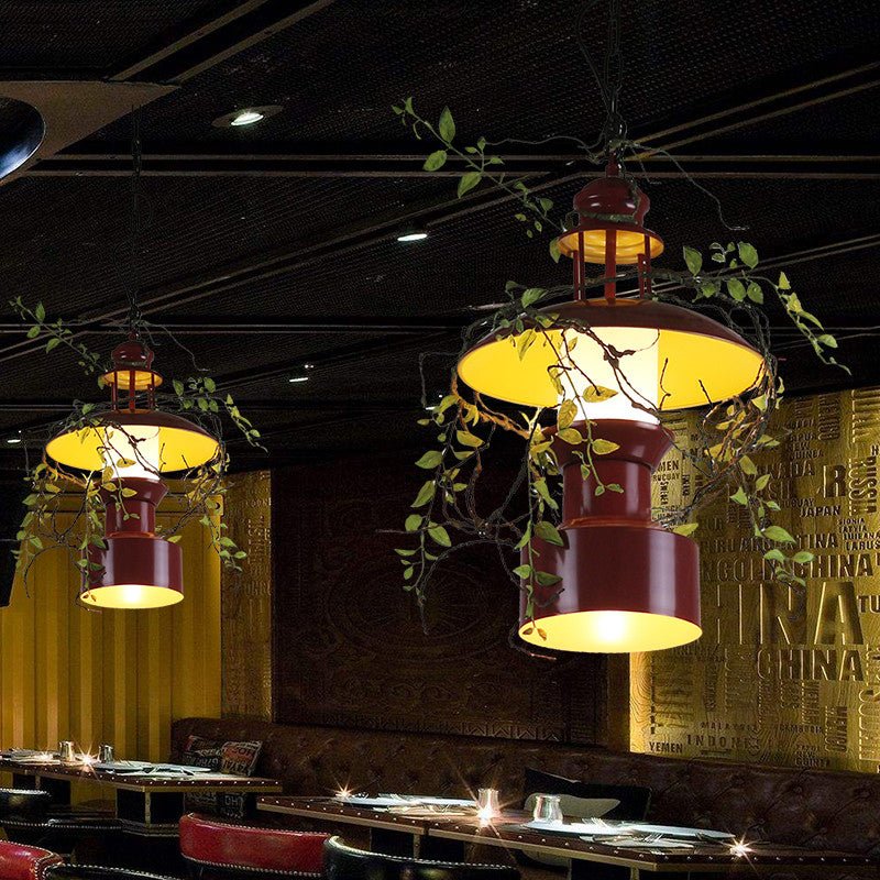 Burgundy Metal Farm Style Pendant Lamp With Hanging Drum Shade - Featuring 1 Light Faux Plant