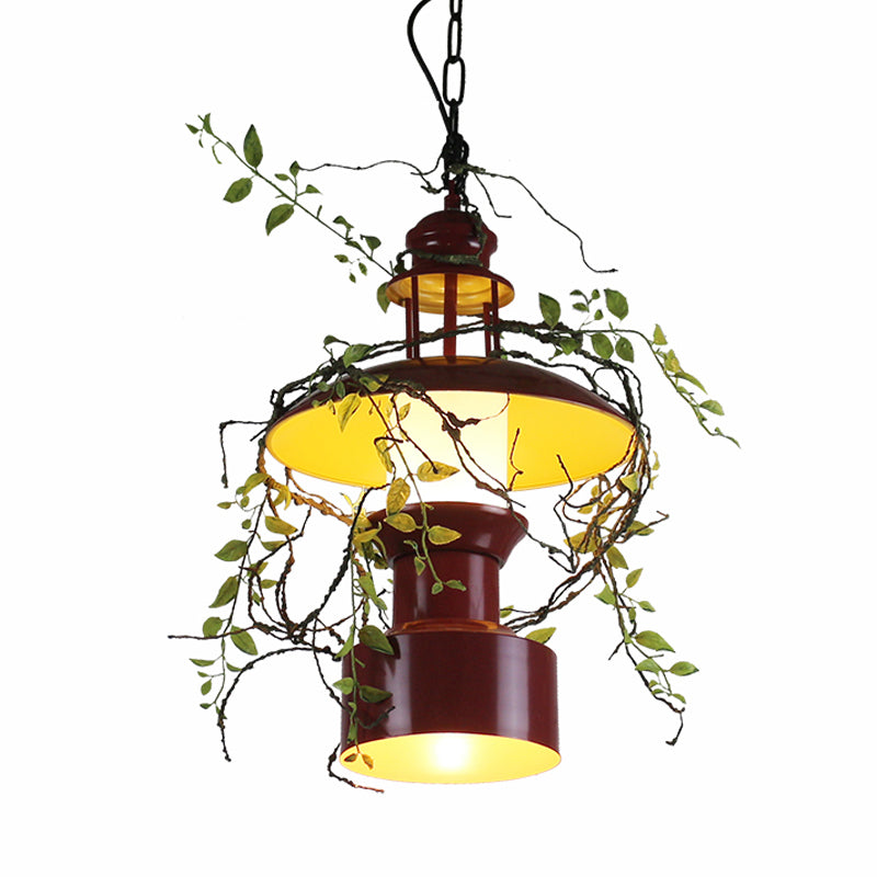 Burgundy Metal Hanging Ceiling Light with Drum Shade - Farm Style Pendant Lamp with Fake Plant Attachment