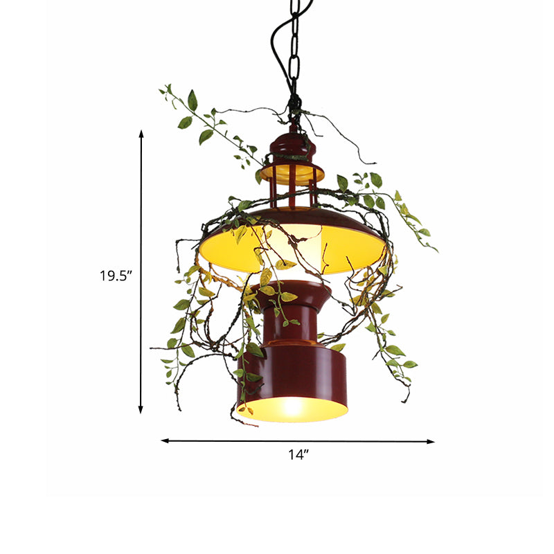 Burgundy Metal Hanging Ceiling Light with Drum Shade - Farm Style Pendant Lamp with Fake Plant Attachment