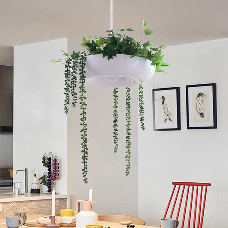 Metallic White Warehouse Donut Pendant Light With Green Vine Deco - Modern Suspension Lighting / A