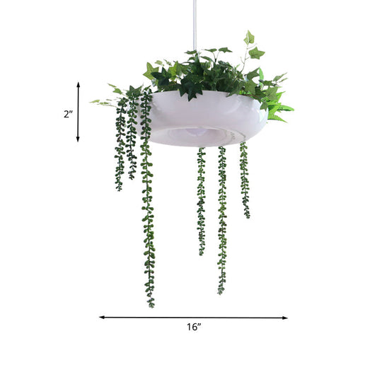 Warehouse Donut Pendant Light in White with Green Vine Deco - Metallic Suspension Lighting