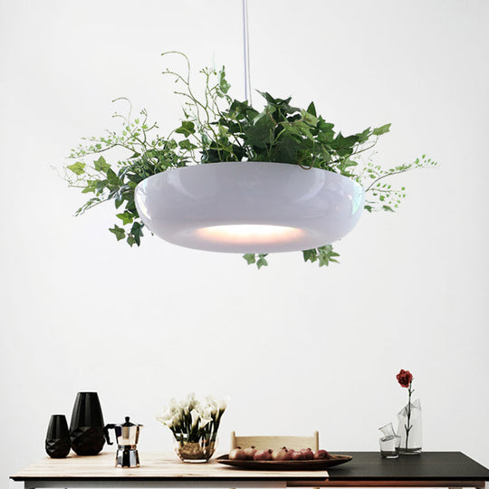 Metallic White Warehouse Donut Pendant Light With Green Vine Deco - Modern Suspension Lighting / B