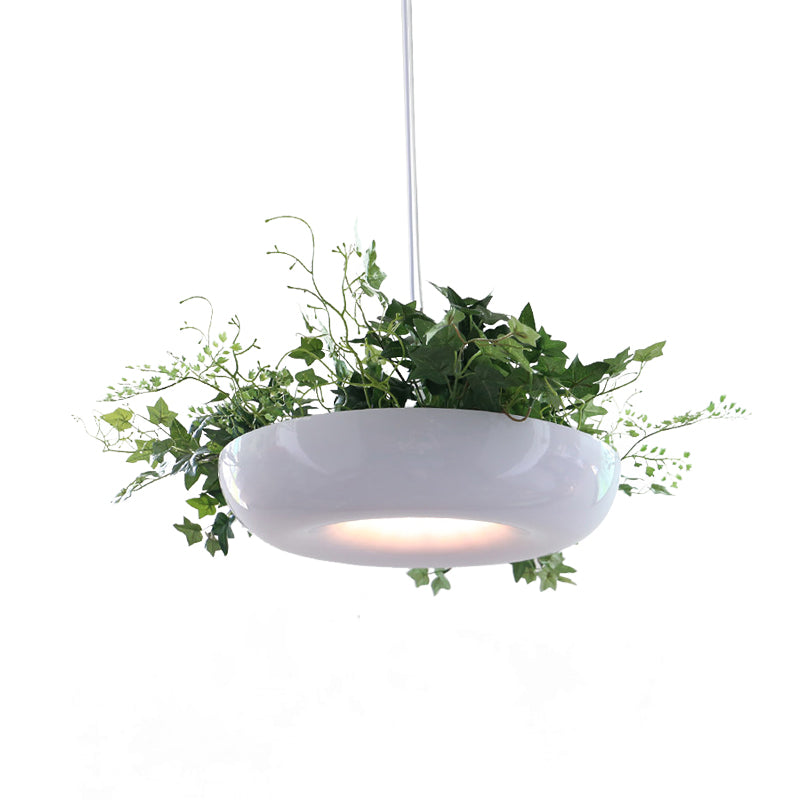 Warehouse Donut Pendant Light in White with Green Vine Deco - Metallic Suspension Lighting