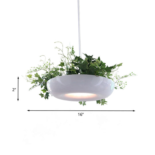 Warehouse Donut Pendant Light in White with Green Vine Deco - Metallic Suspension Lighting