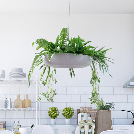 Metallic White Warehouse Donut Pendant Light With Green Vine Deco - Modern Suspension Lighting