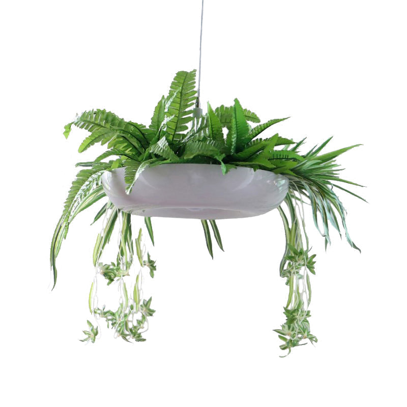 Warehouse Donut Pendant Light in White with Green Vine Deco - Metallic Suspension Lighting