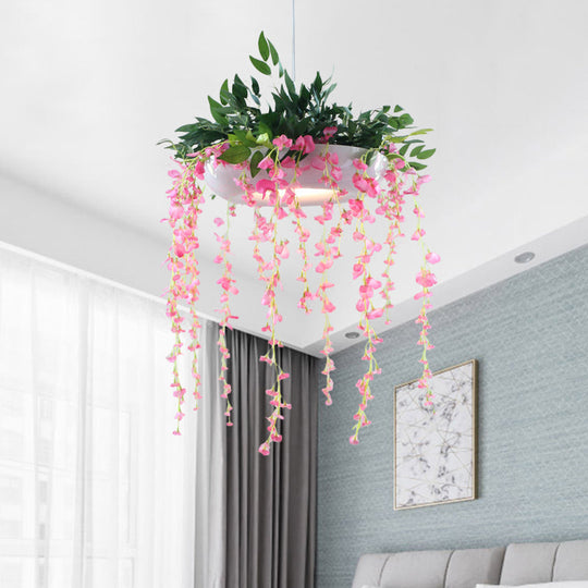 Metallic Donut Pendant Light Fixture Farm 1-Light Living Room Hanging Lamp in White/Pink/Purple with Cascading Flower Deco