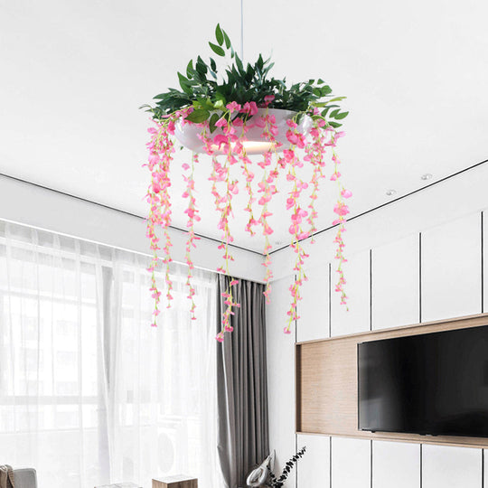 Metallic Donut Pendant Light Fixture Farm 1-Light Living Room Hanging Lamp in White/Pink/Purple with Cascading Flower Deco