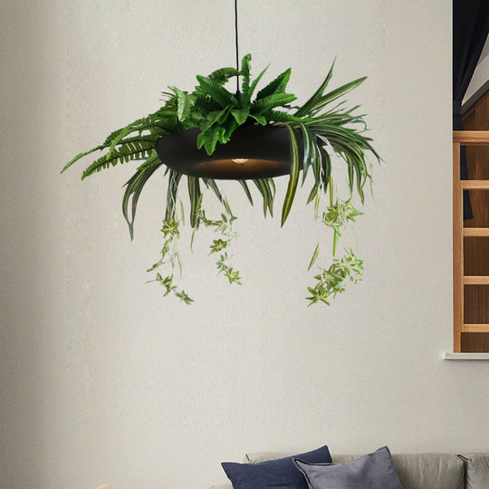 1-Head Green Metal Pendant Light Kit with Fern Plant Design - Ceiling Hang Fixture for Warehouse - Black Donut Included