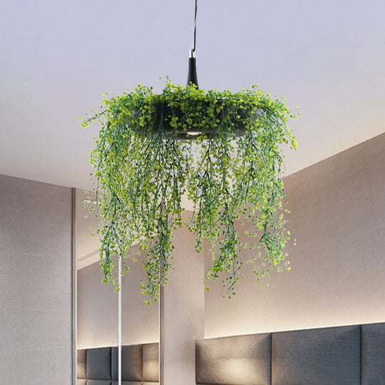 Metal Donut Pendant Light With Artificial Vine Deco - Loft Style Balcony Ceiling Fixture Black / B