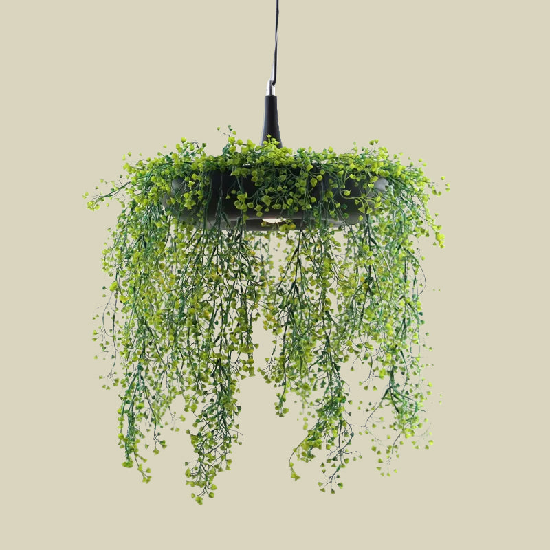 Metal Donut Pendant Light With Artificial Vine Deco - Loft Style Balcony Ceiling Fixture