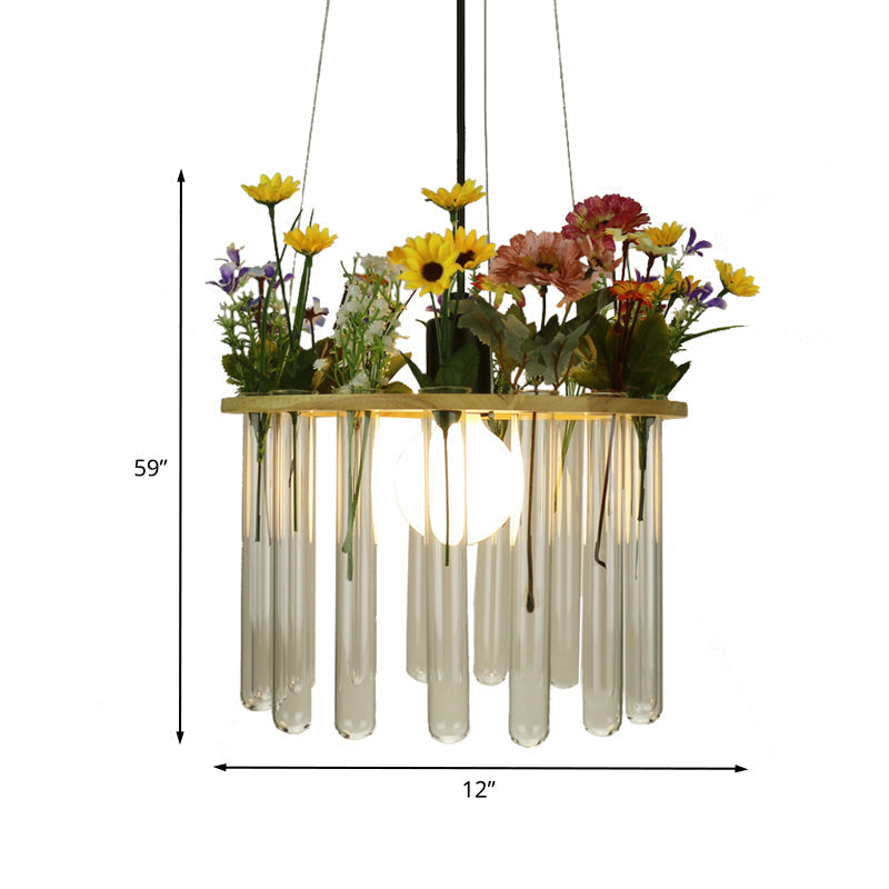 Beige Tubular Ceiling Lamp Loft Clear Glass Pendant Light with Wood Circle - 12"/19.5" W - 1 Head Hanging Plant Design