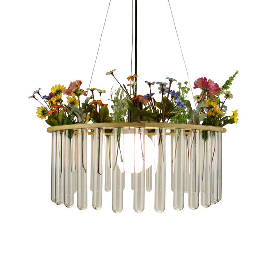 Beige Tubular Ceiling Lamp Loft Clear Glass Pendant Light with Wood Circle - 12"/19.5" W - 1 Head Hanging Plant Design