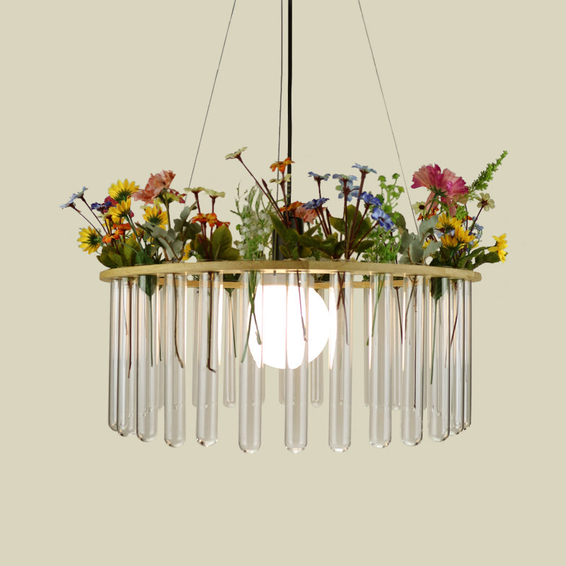 Beige Tubular Ceiling Lamp Loft Clear Glass Pendant Light with Wood Circle - 12"/19.5" W - 1 Head Hanging Plant Design