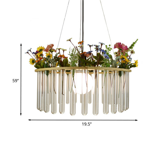 Beige Tubular Ceiling Lamp Loft Clear Glass Pendant Light with Wood Circle - 12"/19.5" W - 1 Head Hanging Plant Design