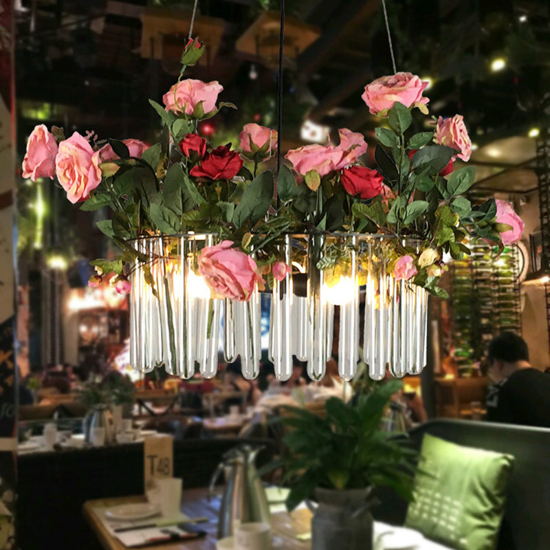 Industrial Clear Glass 3-Head Green Pendant Light With Artificial Rose Deco For Tube Restaurants