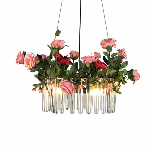 Industrial Clear Glass Pendant Light: Tube Restaurant Chandelier with 3 Green Heads and Artificial Rose Deco