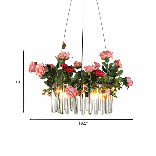 Industrial Clear Glass Pendant Light: Tube Restaurant Chandelier with 3 Green Heads and Artificial Rose Deco