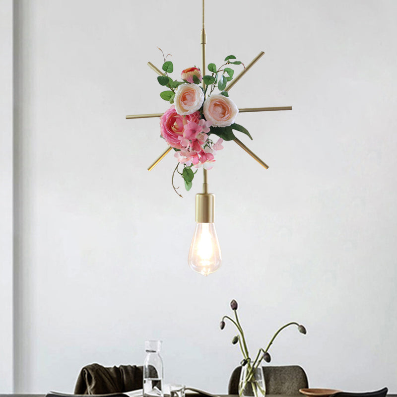 Metal Gold Ceiling Pendant Industrial Hanging Light Fixture With Artificial Flower Design - 1 Head