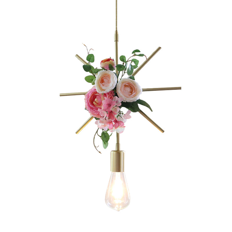 Metal Gold Ceiling Pendant with Artificial Flower: Industrial Hanging Light Fixture with Frame Options