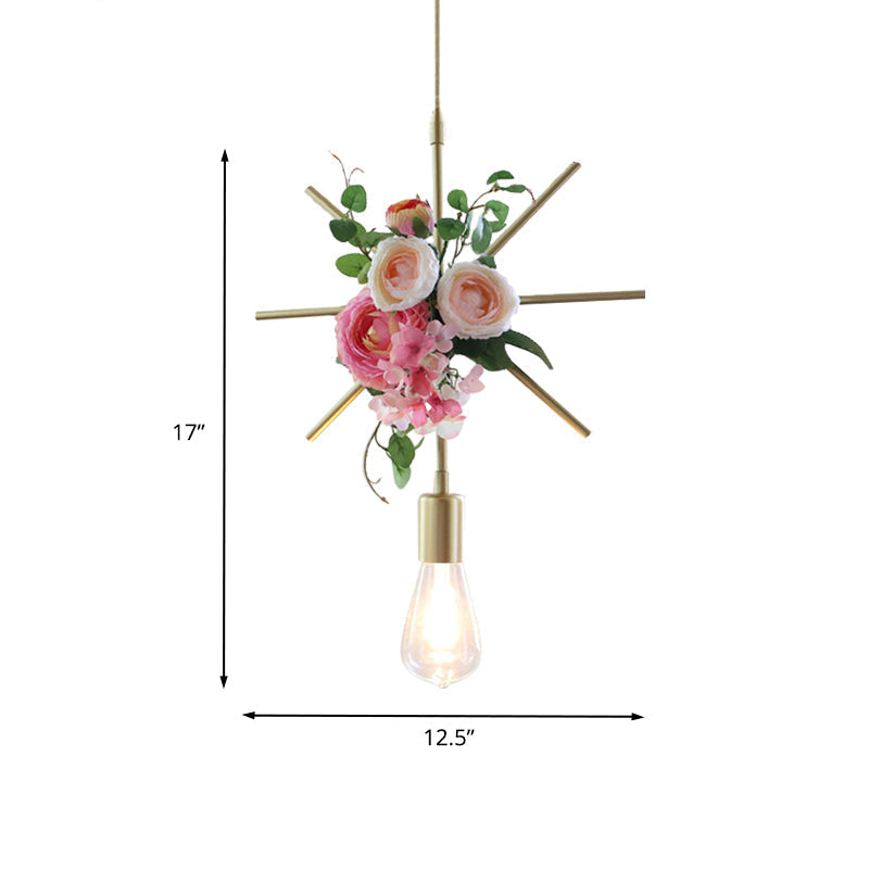 Metal Gold Ceiling Pendant with Artificial Flower: Industrial Hanging Light Fixture with Frame Options