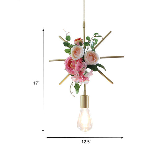 Metal Gold Ceiling Pendant with Artificial Flower: Industrial Hanging Light Fixture with Frame Options