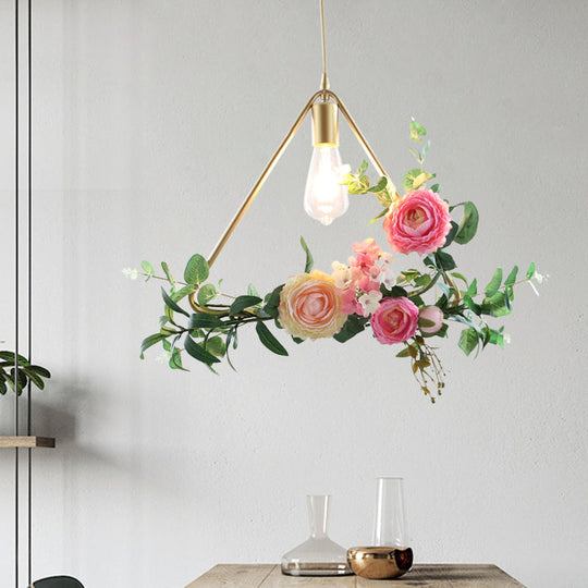 Metal Gold Ceiling Pendant Industrial Hanging Light Fixture With Artificial Flower Design - 1 Head