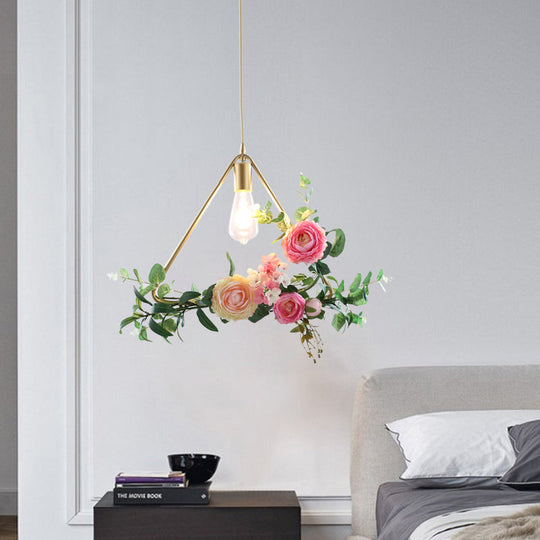 Metal Gold Ceiling Pendant with Artificial Flower: Industrial Hanging Light Fixture with Frame Options