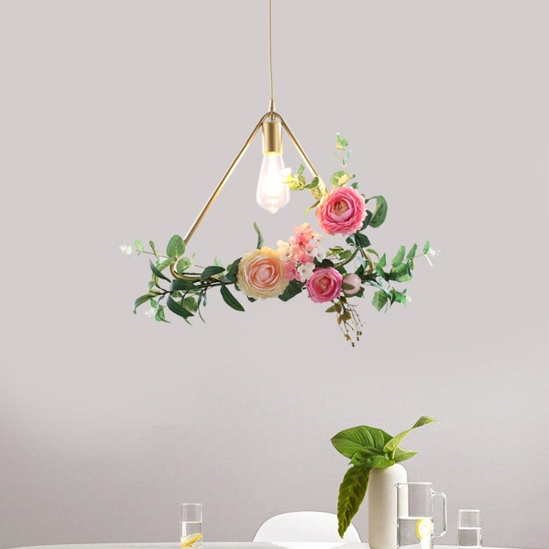 Metal Gold Ceiling Pendant with Artificial Flower: Industrial Hanging Light Fixture with Frame Options