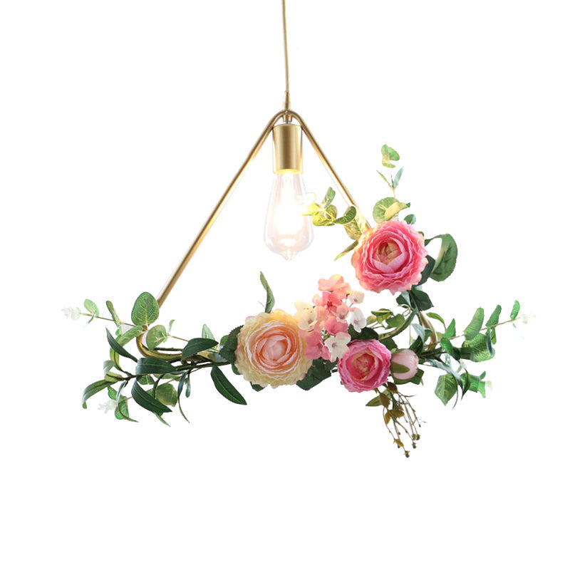 Metal Gold Ceiling Pendant with Artificial Flower: Industrial Hanging Light Fixture with Frame Options