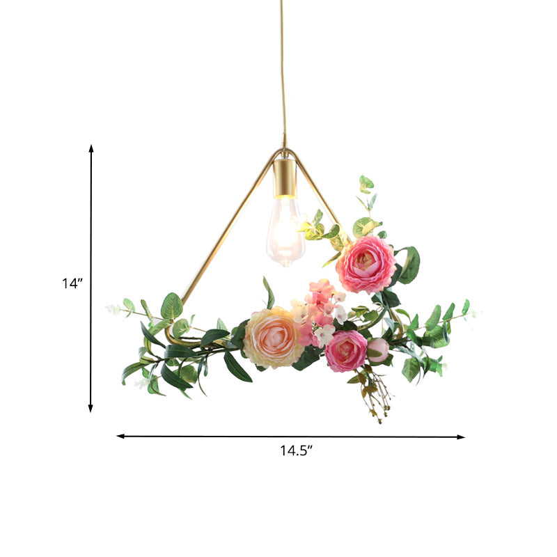 Metal Gold Ceiling Pendant with Artificial Flower: Industrial Hanging Light Fixture with Frame Options