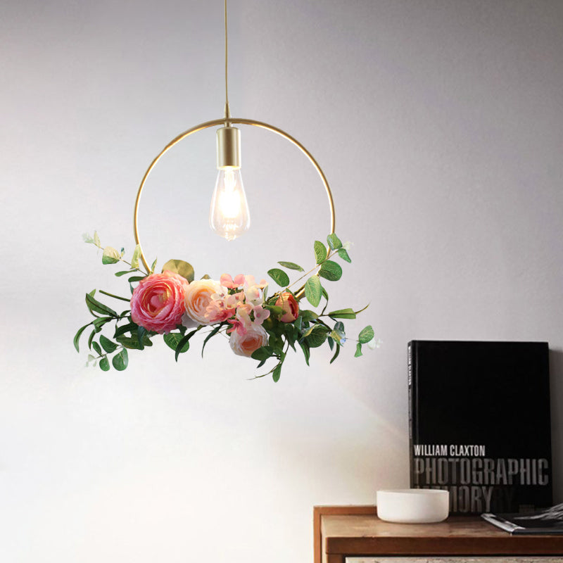 Metal Gold Ceiling Pendant with Artificial Flower: Industrial Hanging Light Fixture with Frame Options