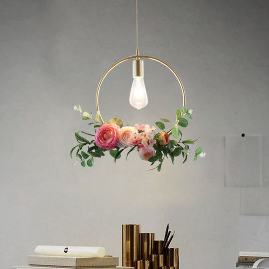 Metal Gold Ceiling Pendant with Artificial Flower: Industrial Hanging Light Fixture with Frame Options