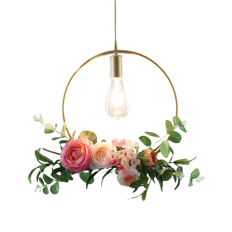 Metal Gold Ceiling Pendant with Artificial Flower: Industrial Hanging Light Fixture with Frame Options