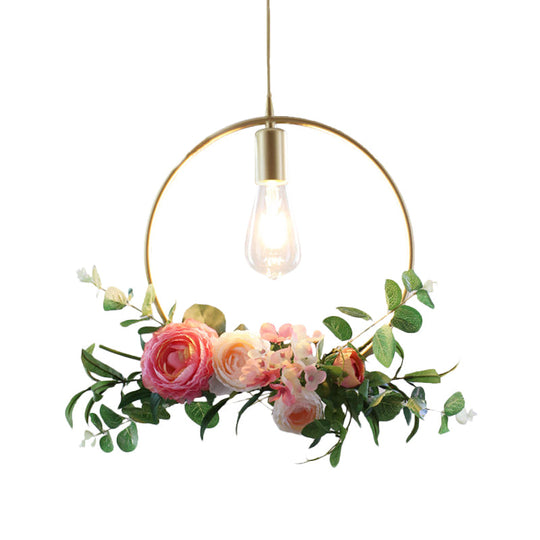 Metal Gold Ceiling Pendant Industrial Hanging Light Fixture With Artificial Flower Design - 1 Head