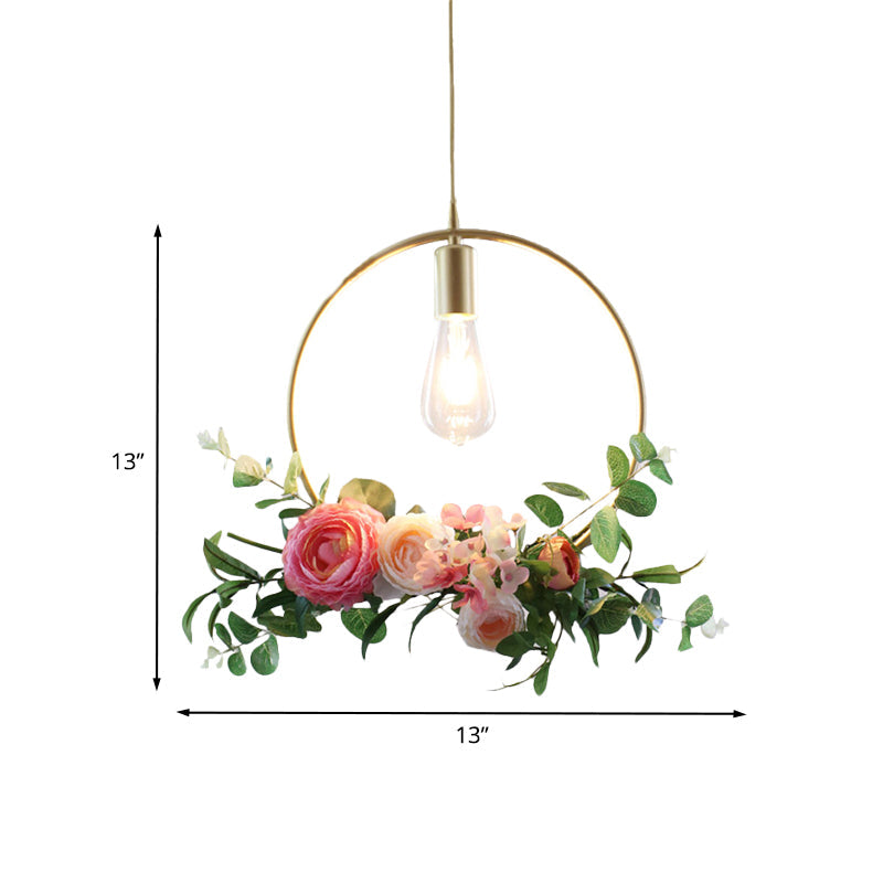 Metal Gold Ceiling Pendant with Artificial Flower: Industrial Hanging Light Fixture with Frame Options