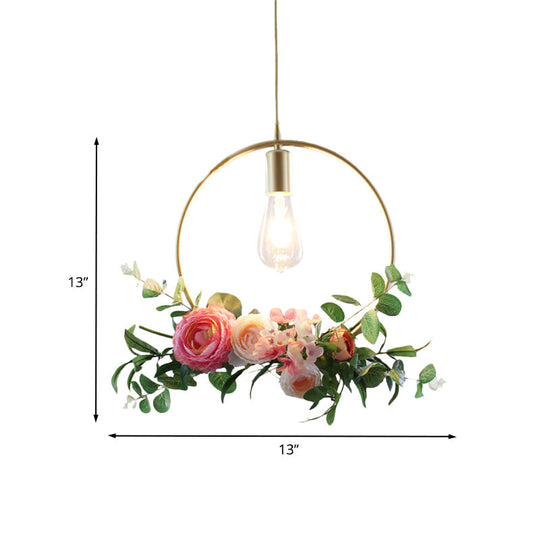 Metal Gold Ceiling Pendant with Artificial Flower: Industrial Hanging Light Fixture with Frame Options