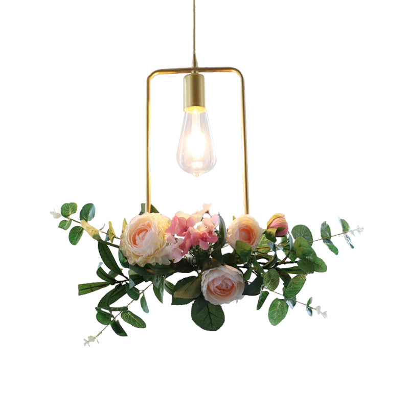 Metal Gold Ceiling Pendant with Artificial Flower: Industrial Hanging Light Fixture with Frame Options