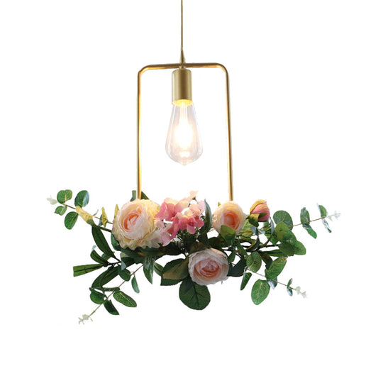 Metal Gold Ceiling Pendant with Artificial Flower: Industrial Hanging Light Fixture with Frame Options