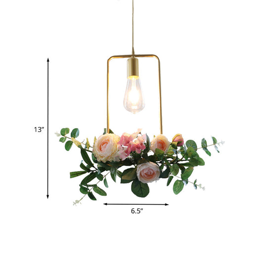 Metal Gold Ceiling Pendant with Artificial Flower: Industrial Hanging Light Fixture with Frame Options